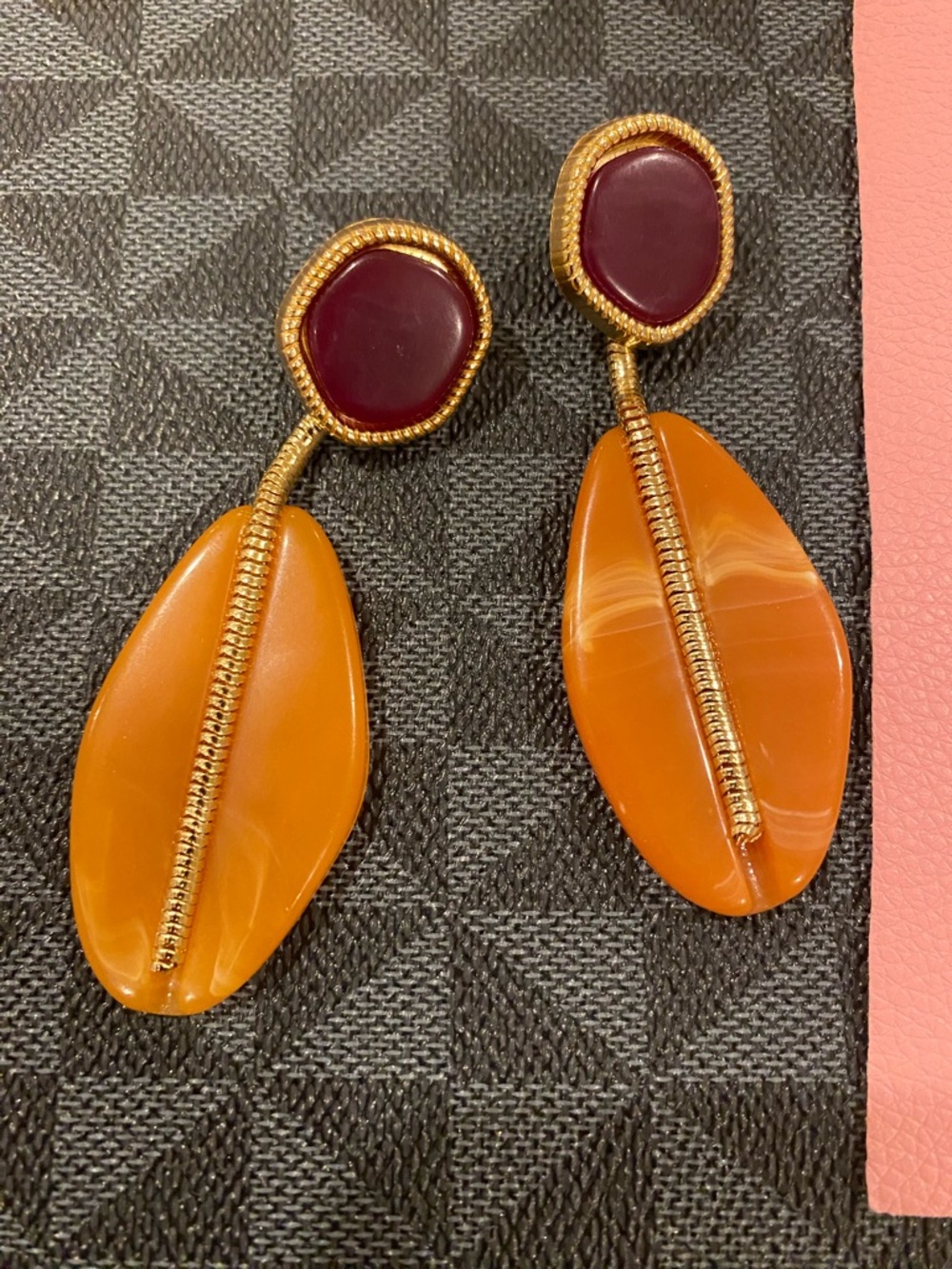 Gold-Tone Earrings with Burgundy and Amber Stones